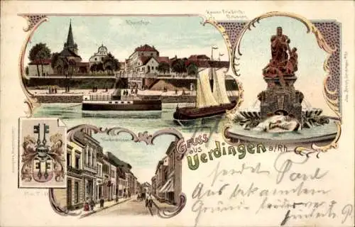 Litho Uerdingen Krefeld am Niederrhein, Kaiser Friedrich Brunnen, Straßenpartie