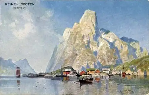 Künstler Ak Reine Lofoten Norwegen, Gesamtansicht, Boote