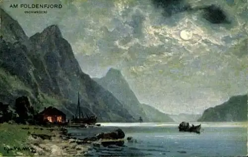 Künstler Ak Fosnes Norwegen, Am Foldenfjord, Berge, Mond