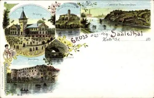 Litho Halle an der Saale, Peißnitz, Ruine Giebichenstein, Moritzburg, Jahnhöhle, Trotha'sche Felsen