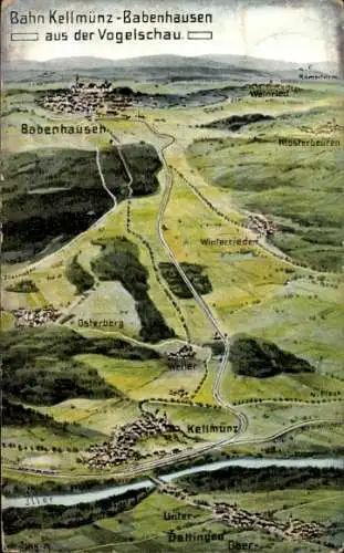 Künstler Ak Felle, Kellmünz an der Iller Schwaben, Bahn Kellmünz-Babenhausen, Landkarte, Vogelschau