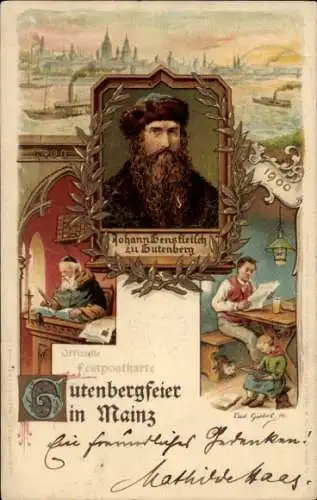 Künstler Litho Mainz am Rhein, Gutenbergfeier 1900, Johann Gensfleisch zu Gutenberg