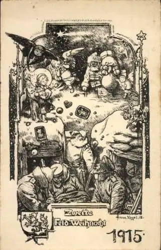 Künstler Ak Vogel, Zweite Feld-Weihnacht 1915, Soldaten im Unterstand, Weihnachtsmann, Engel