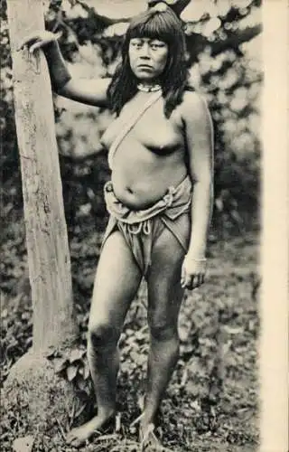 Ak Südamerikanische Volkstypen, Chamacoco, Einheimische, Frau im Wald