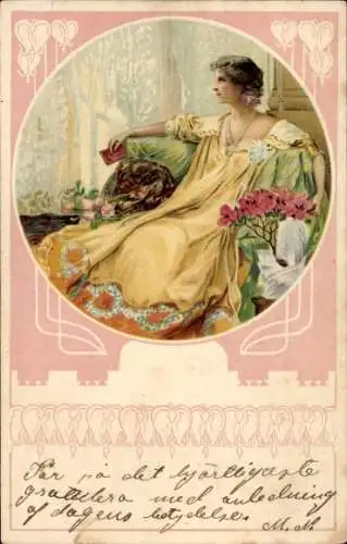 Jugendstil Ak Dame im gelben Kleid