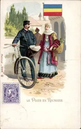 Briefmarken Litho Die Post in Rumänien, Fahrrad, Trei Bani