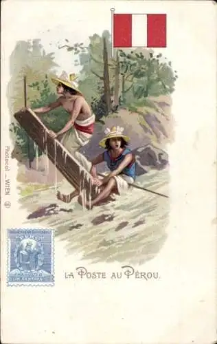 Briefmarken Litho Post in Peru, Fluss, Floß, Fahne