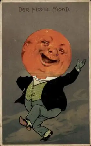 Präge Litho Der fidele Mond, vermenschlicht