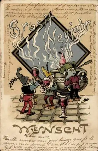 Ak Glückwunsch Neujahr, Zwerge, Kessel, Weinglas