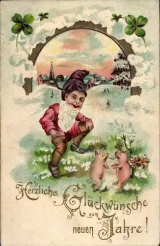 Präge Ak Glückwunsch Neujahr, Zwerg, Schweine, Klee