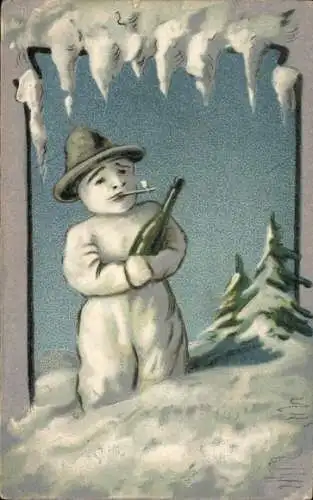 Präge Litho Schneemann mit Weinflasche und Pfeife