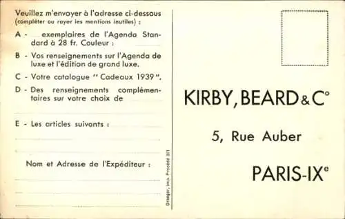 Ak Reklame, l'Agenda Standard Kirby, Beard & Co., Paris IX