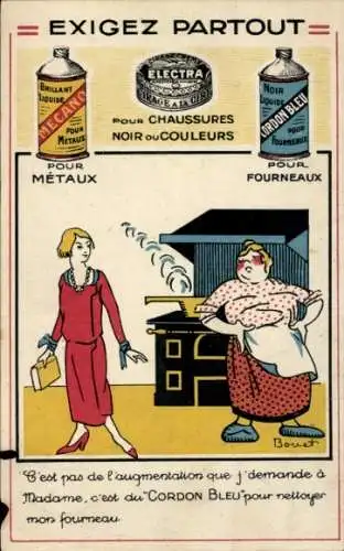 Künstler Ak Reklame, Exigez Partout pour Chaussures, Metaux, Fourneaux, Electra, Cordon Bleu