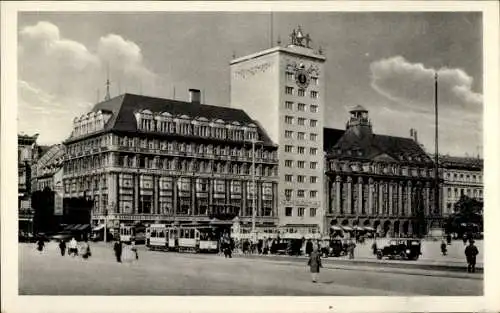 Ak Leipzig in Sachsen, Augustusplatz, Hochhaus, Straßenbahn