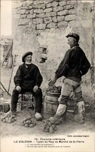 Ak St Pierre Ile d'Oberon Charente Maritime, Männer in Tracht auf dem Markt