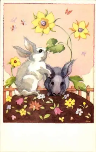 Künstler Ak Glückwunsch Ostern, Hasen auf einer Blumenwiese