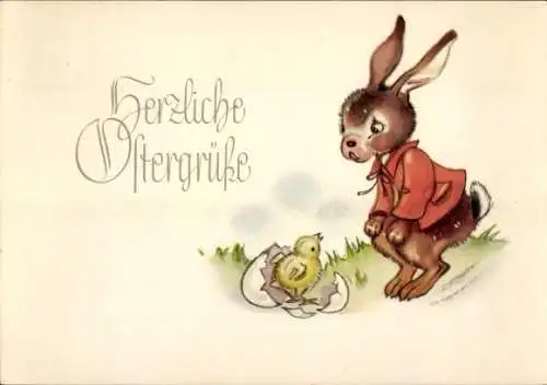 Ak Frohe Ostern, Osterhase, geschlüpftes Küken