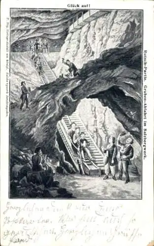 Künstler Ak Berchtesgaden in Oberbayern, Salzbergwerk, Grubenabfahrt