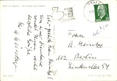 Ak Halle an der Saale, Theater des Friedens, Wasserfontäne