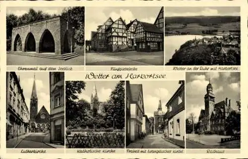 Ak Wetter an der Ruhr, Ehrendenkmal auf dem Seeblick, Fünfgiebelecke, Lutherkirche, Rathaus