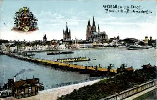 Ak Köln am Rhein, Stadtpanorama, Schiffbrücke, Dom