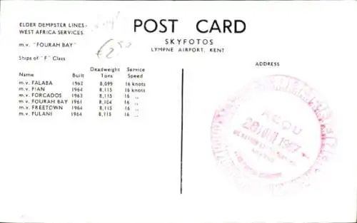 Ak Frachtschiff M.V. Fourah Bay, Elder Dempster Lines