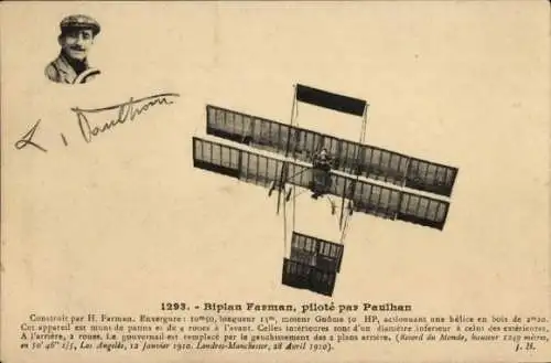 Ak Biplane Farman, gesteuert von Paulhan, Flugzeug, Flugpionier