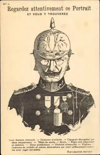 Ak Regardez attentivement ce portrait et vous y trouverez, Kaiser Wilhelm II., Karikatur