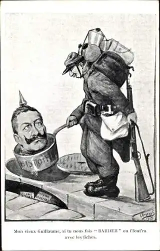 Künstler Ak Orens, Karikatur, französischer Soldat kippt Kaiser Wilhelm II. in den Gully