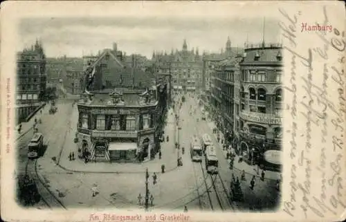 Ak Hamburg, Rödingsmarkt und Graskeller, Straßenbahnen, Goldene Neun