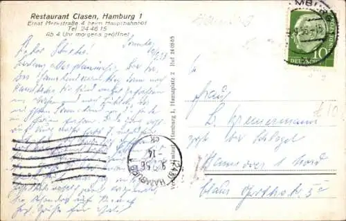 Ak Hamburg, Restaurant Clasen, Innenansicht
