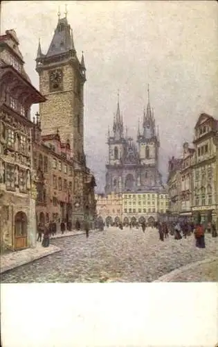 Ak Prag Tschechien, Altstädter Platz mit Rathaus und Kirche Unserer Lieben Frau von Tyn, Teynkirche