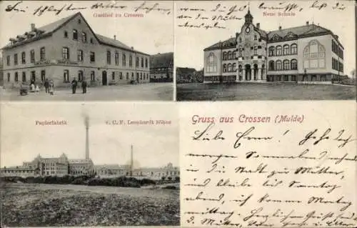 Ak Crossen an der Mulde Zwickau, Papierfabrik C. F. Leonhardt Söhne, Gasthof, Neue Schule