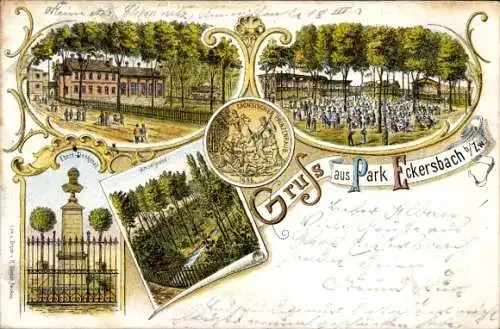 Litho Eckersbach Zwickau in Sachsen, Park Eckersbach, Gastwirtschaft, Ebert-Denkmal