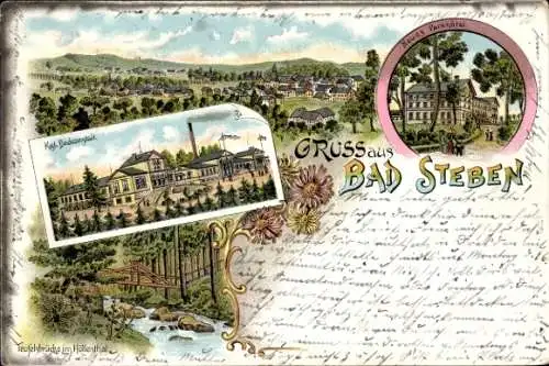 Litho Bad Steben in Oberfranken, Panorama, Kgl. Badeanstalt, Neues Parkhotel, Teufelsbrücke