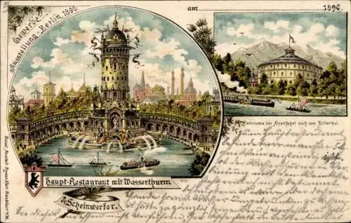 Litho Berlin Treptow, Gewerbeausstellung 1896, Hauptrestaurant mit Wasserturm