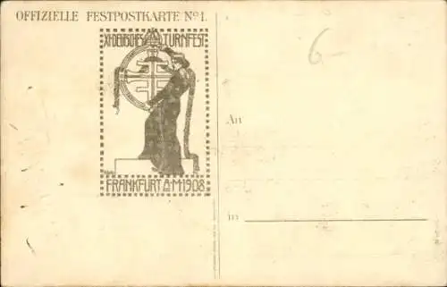 Litho Frankfurt am Main, 11. Deutsches Turnfest 1908, Gut Heil, Festhalle, Wappen