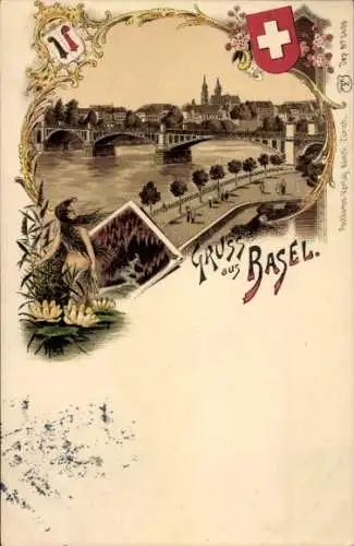 Wappen Litho Basel Stadt Schweiz, Teilansicht, Brücke