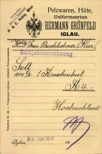 Ak Jihlava Iglau Region Hochland, Pelzwaren, Hüte Hermann Grünfeld, Rechnung