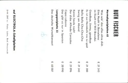 Ak Sängerin Ruth Fischer, Portrait, Autogramm