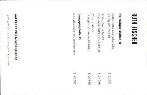 Ak Sängerin Ruth Fischer, Portrait, Autogramm