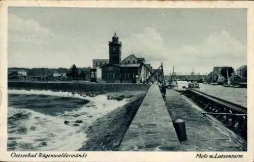 Ak Darłówko Rügenwaldermünde Pommern, Mole, Lotsenturm