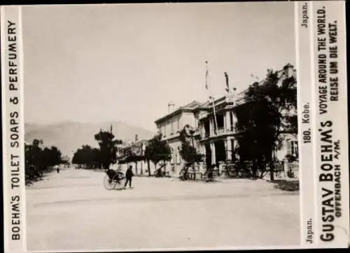 Foto Kobe Präf. Hyogo Japan, Straßenpartie, Rikscha, Reklame Gustav Boehm's Toilet Soaps