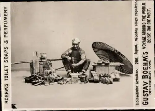 Foto Japan, Holzschuhe Arbeiter, Reklame Gustav Boehm's Toilet Soaps