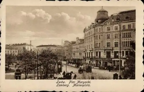 Ak Lwiw Lwów Lemberg Ukraine, Marienplatz, Straßenbahn