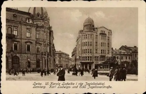 Ak Lwiw Lwów Lemberg Ukraine, Karl Ludwigs-Straße Ecke Jagellonerstraße, Straßenbahn