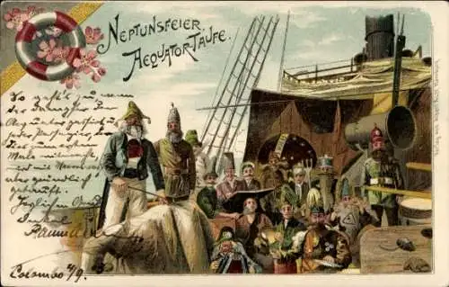 Litho Neptunsfeier, Äquatortaufe, Verkleidete Matrosen, Seemannsritual