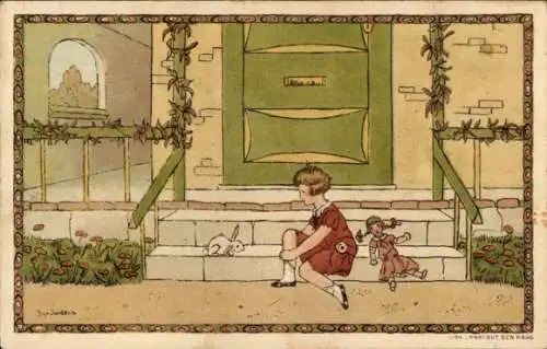 Künstler Ak Jordens, Bep, Mädchen mit Puppe und Kaninchen, Eingangstreppe