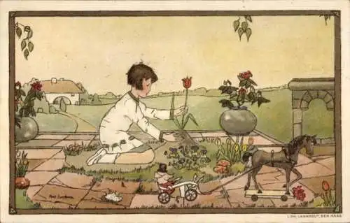 Künstler Ak Jordens, Bep, Mädchen im Garten, Spielzeuge