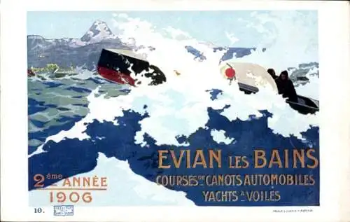 Künstler Ak Evian les Bains Haute Savoie, 2eme Annee 1906, Courses de Canots Automobiles